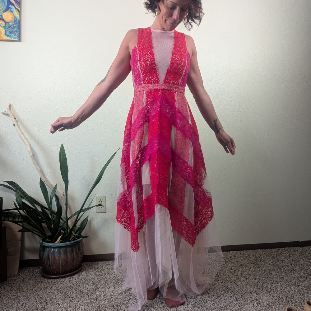 BCBGMaxAzria Pink Asymmetrical Lace Dress
